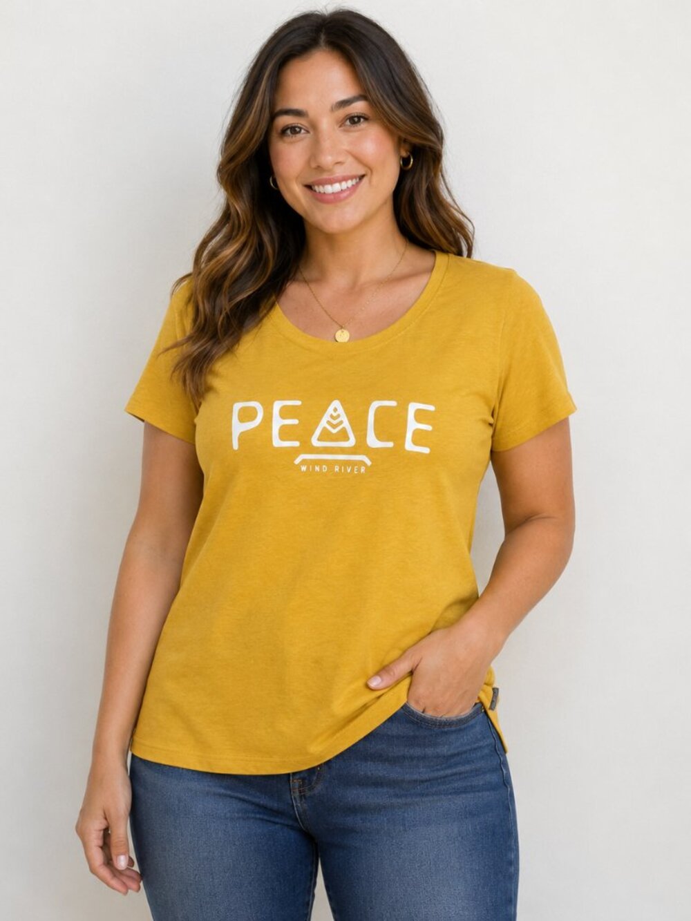 Wind River Women's L/G Yellow Peace Graphic T-Shirt Mustard Short Sleeve Cotton